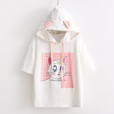 Kätzchen mit Halbmond Catear Kurzarm T-Shirt Hoodie für süße japanische Mädchen Pullover 10268