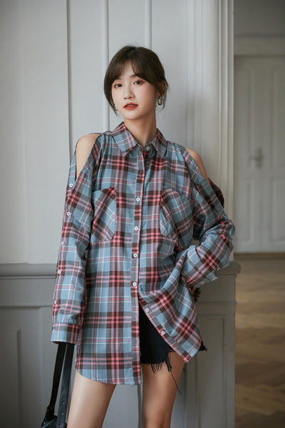 2021 Koreanischer Retro-Stil mit geteiltem Ärmel, Reverskragen, übergroße Bluse, kariertes langes Hemd, lockere Passform
