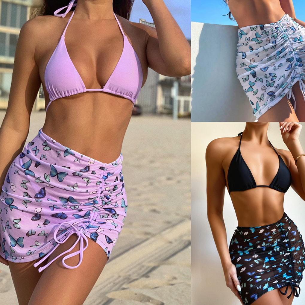 3 pc set Bikini swimsuit 2021 butterfly print swimwear drawstring skirt swim skirt set