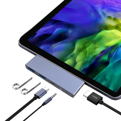 For 2020 Ipad Pro 5in1 Docking Station Multiport Adaptor Hub 100W Type C to HDMI over 4k/60hz Video Audio Jack Enable USB 3.0 Mouse and keyboard