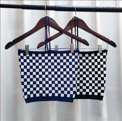 2022 retro black white checkerboard hanging neck suspenders cami knitted shawl balero cardigan 2 pc knitwear set