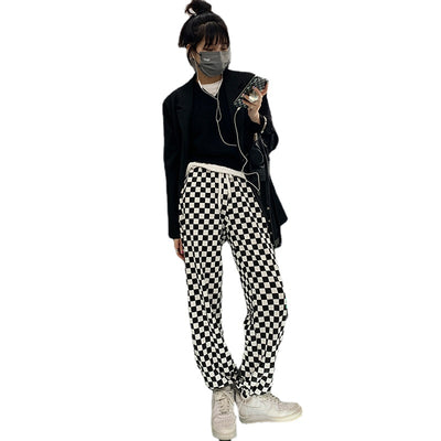 EAL checkerboard patchwork plaid grid loose high waist B/W straight long pants warm gothic trousers