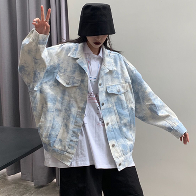 Korean tie dye top loose fit BF Harajuku Style hip hop denim jacket for women instashop