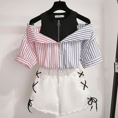 2 pieces Top and pants set combination Sweet Korean off shoulder Summer Kawaii Girls Style