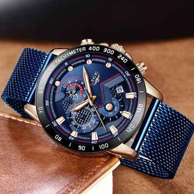 LIGE Blue Casual Mesh Band Quarz Herrenuhren Luxus wasserdichte Uhr WristWatch Relogio Masculino