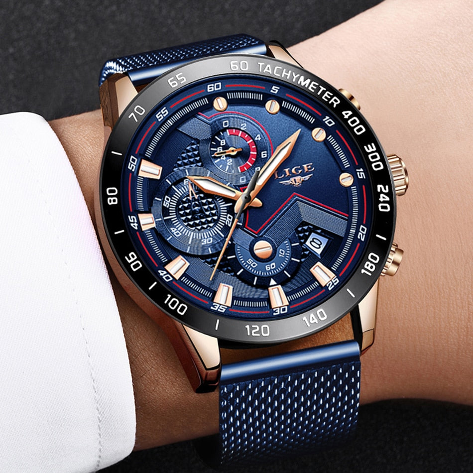 LIGE Blue Casual Mesh Band Quartz Mens Watches Luxury Waterproof Clock WristWatch Relogio Masculino