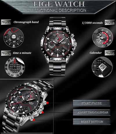 New LIGE Luxury Mens Watch Men Sport Waterproof Quartz Watches Men All Steel Army Military Watch Relogio Masculino