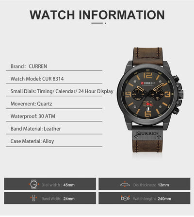 CURREN Mens Watches Top Luxury Brand Waterproof Sport Wrist Watch Chronograph Quartz Military Leather Relogio Masculino