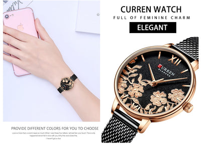 CURREN Women Ladies Watches Stainless Steel Leather Strap Wristwatch Rose khaki