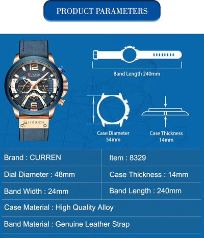 CURREN Chic modische Sportuhr für Herren Blue Top Brand Luxus Militär Leder Chronograph Armbanduhr