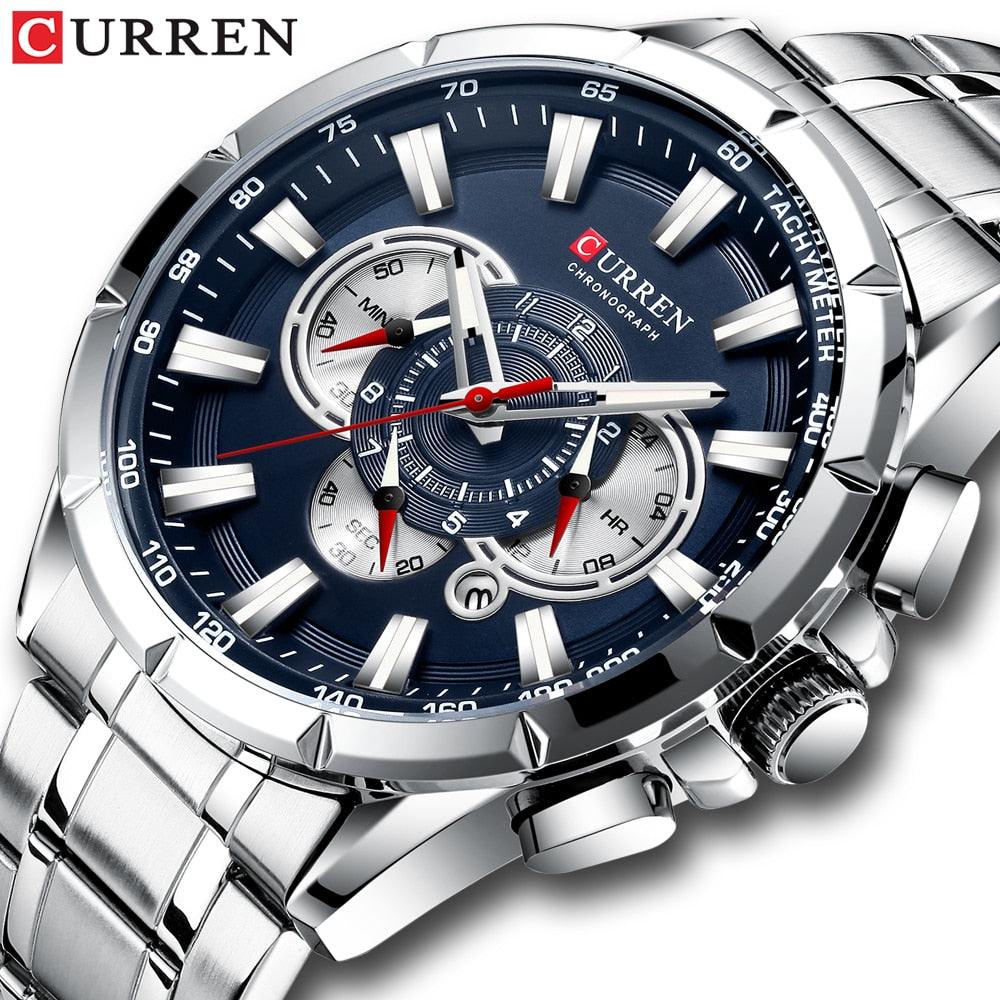 CURREN New Causal Sport Chronograph Men's Watch Stainless Steel Big Dial with Luminous Pointers