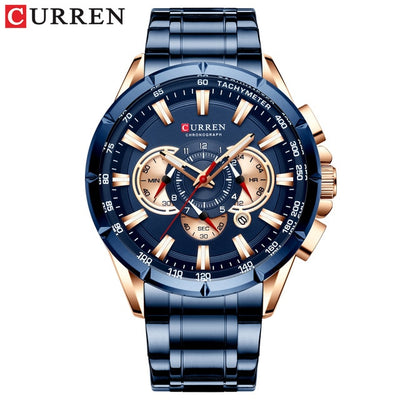 CURREN New Causal Sport Chronograph Men's Watch Stainless Steel Big Dial with Luminous Pointers