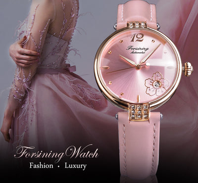 Forsining Diamond Flower Design Mechanische Uhr Frauen Romantisches Rosa Echtes Leder Leuchtend Mit Datumskalender