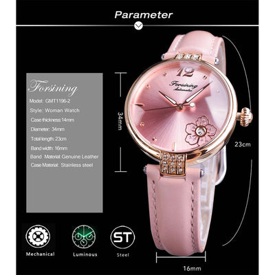 Forsining Diamond Flower Design Mechanical Watch Women Romantic Pink Genuine Leather Luminous with Date Calendar