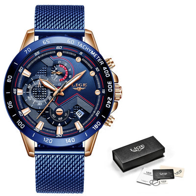 LIGE Blue Casual Mesh Band Quartz Mens Watches Luxury Waterproof Clock WristWatch Relogio Masculino