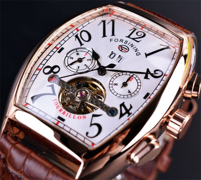 Forsining Rectangular Case Rose Gold Case Mens Watches Luxury Automatic Watch Mechanical Watch