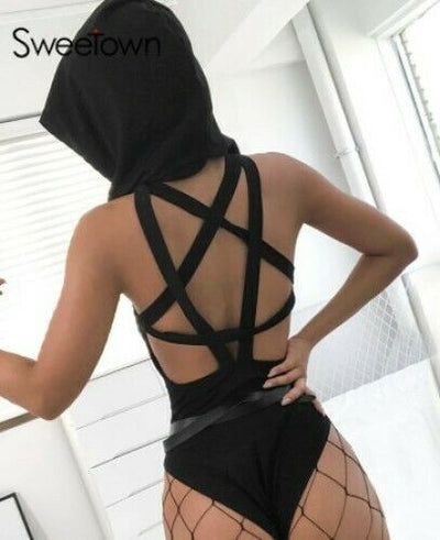 Dark Gothic Hooded Bodysuit Overall with Pentagram straps Punk Occult Women Top