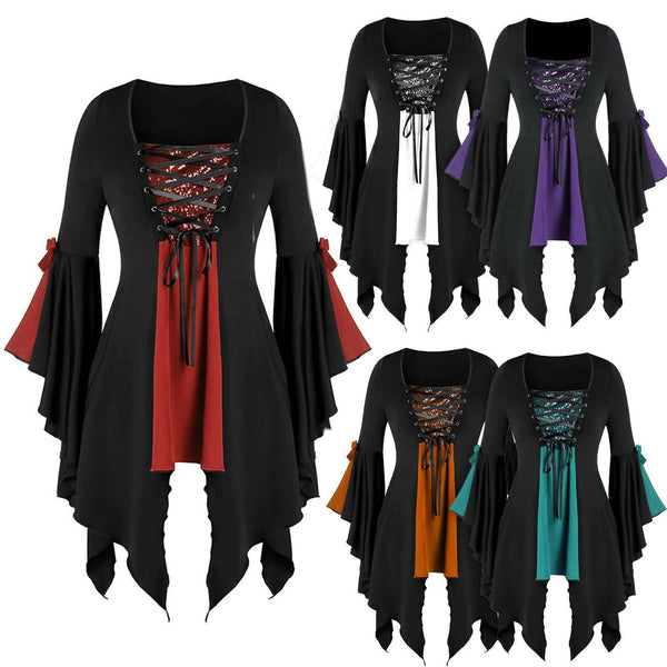 Halloween Party Gothic Vintage Blouse Witch Cosplay Flared Sleeves Wom ...