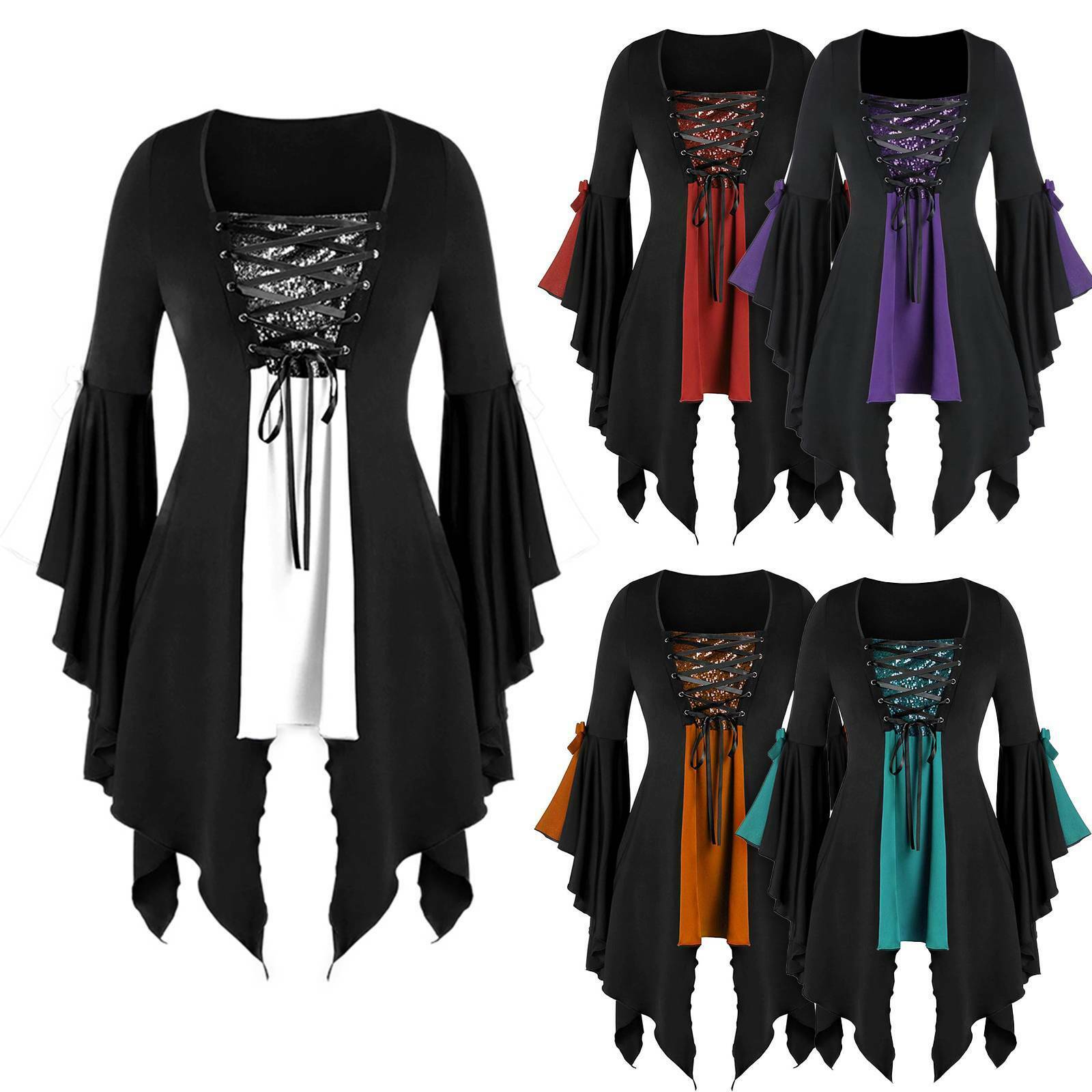 Halloween Party Gothic Vintage Blouse Witch Cosplay Flared Sleeves Women Sequin Bandage Irregular Tunic