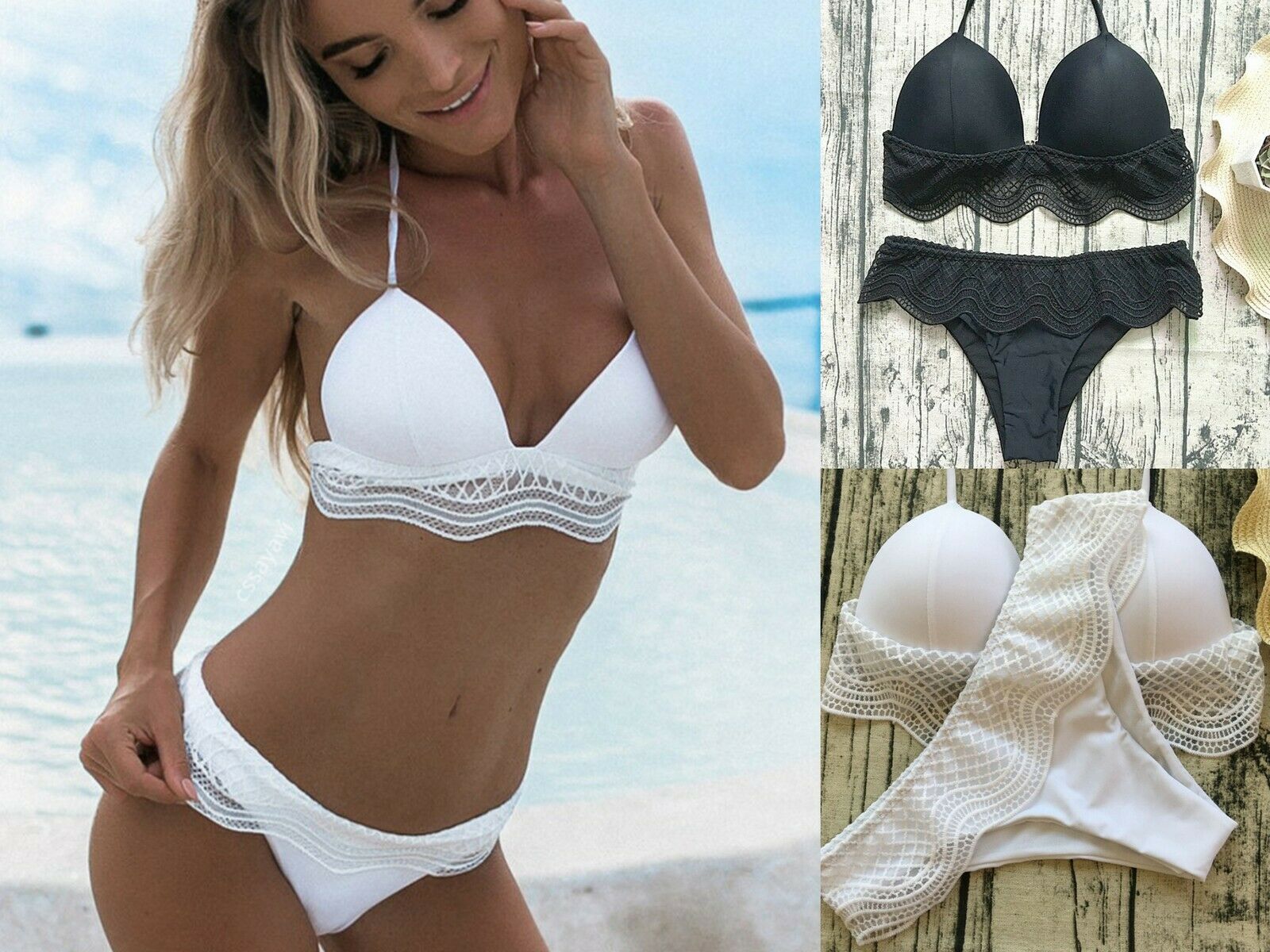 2 pcs Bikini Swimwear with Padded Lace Woman White Black 8591